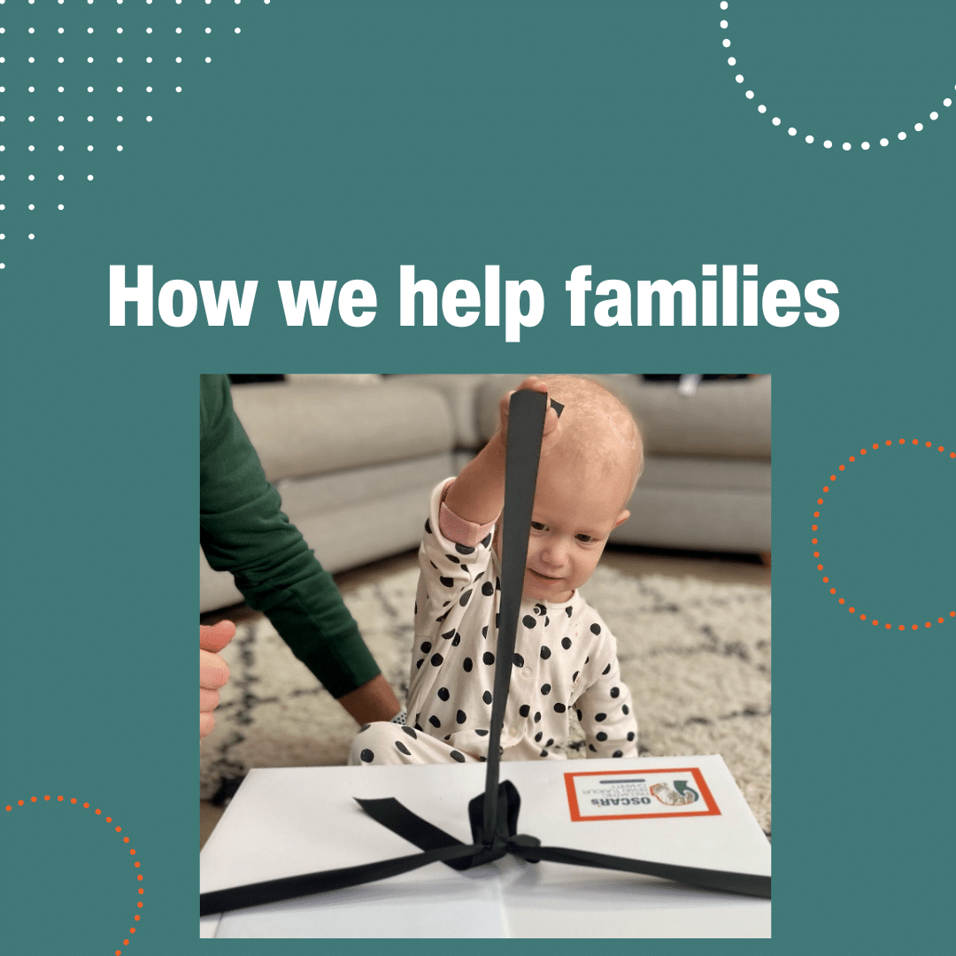 brain tumour resources leaflet download showing a young child pulling up a ribbon to open an OSCAR's Booster Box